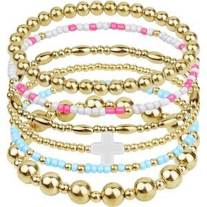 Gold beaded bracelet set 14k plated dainty cross stack stretch layered jewelry g